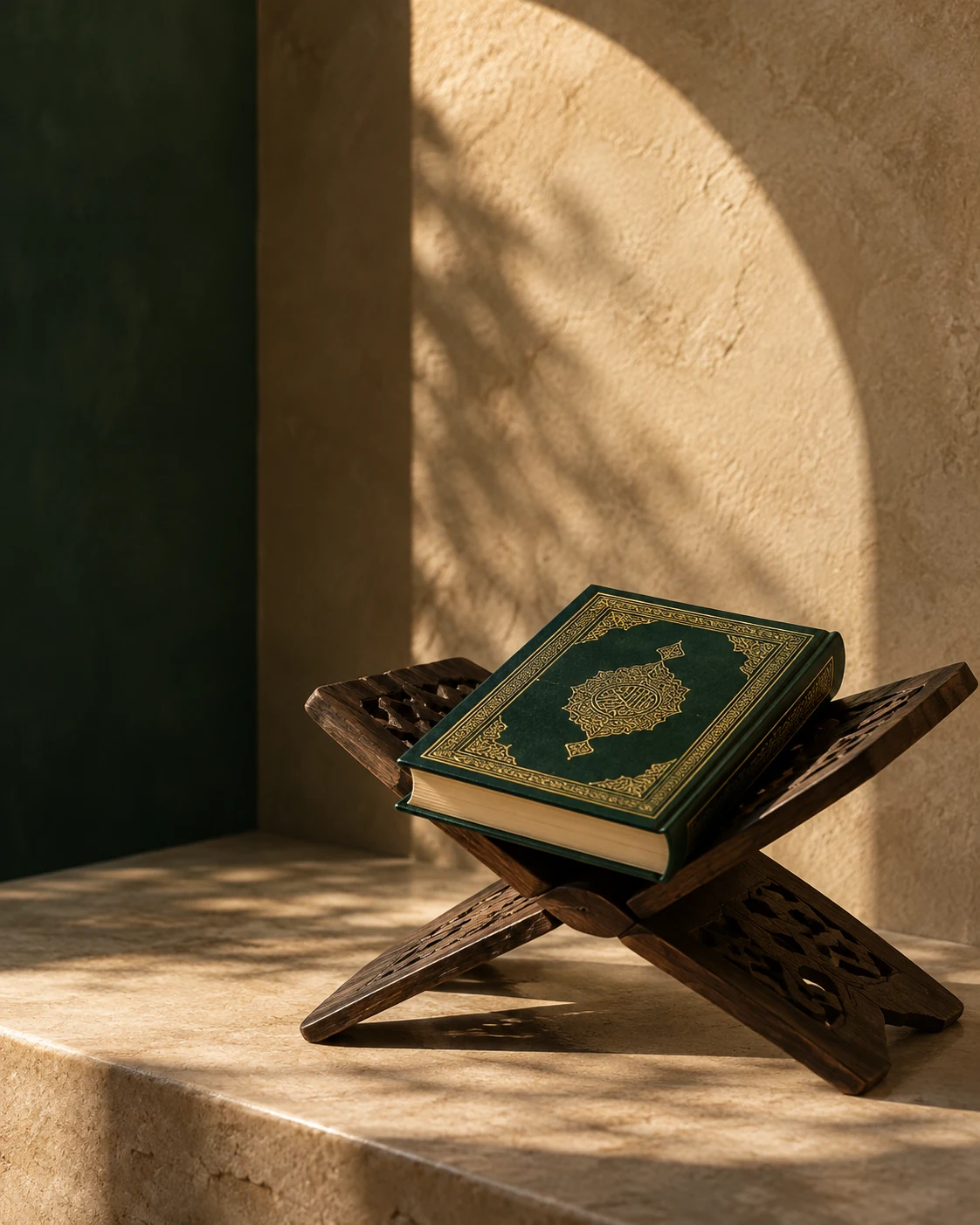 A Qur’an resting on a carved wooden stand in warm natural light